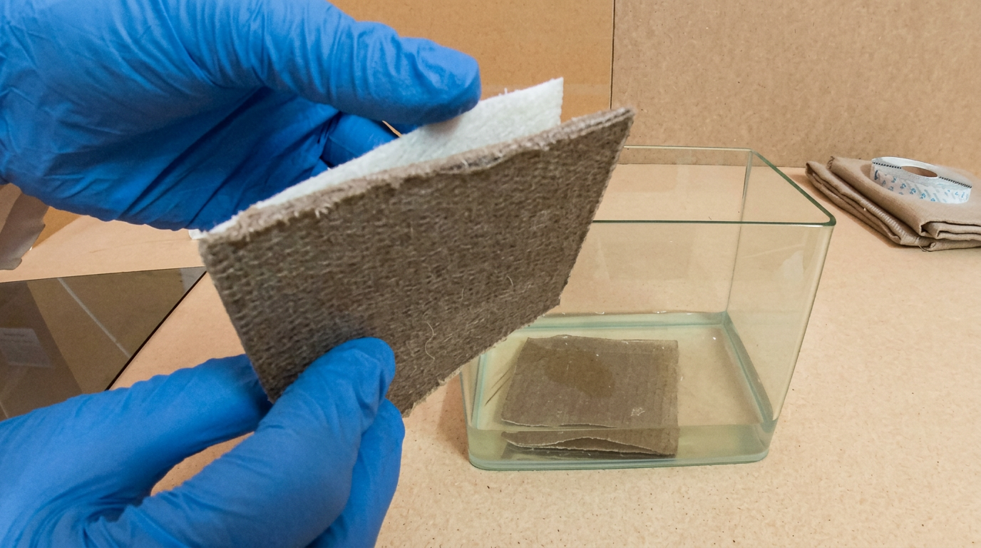 An rComposite® sandwich sample dissolving back to raw resin and fibres in a beaker at room temperature